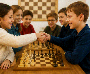 Des enfants se serrent la main après une partie